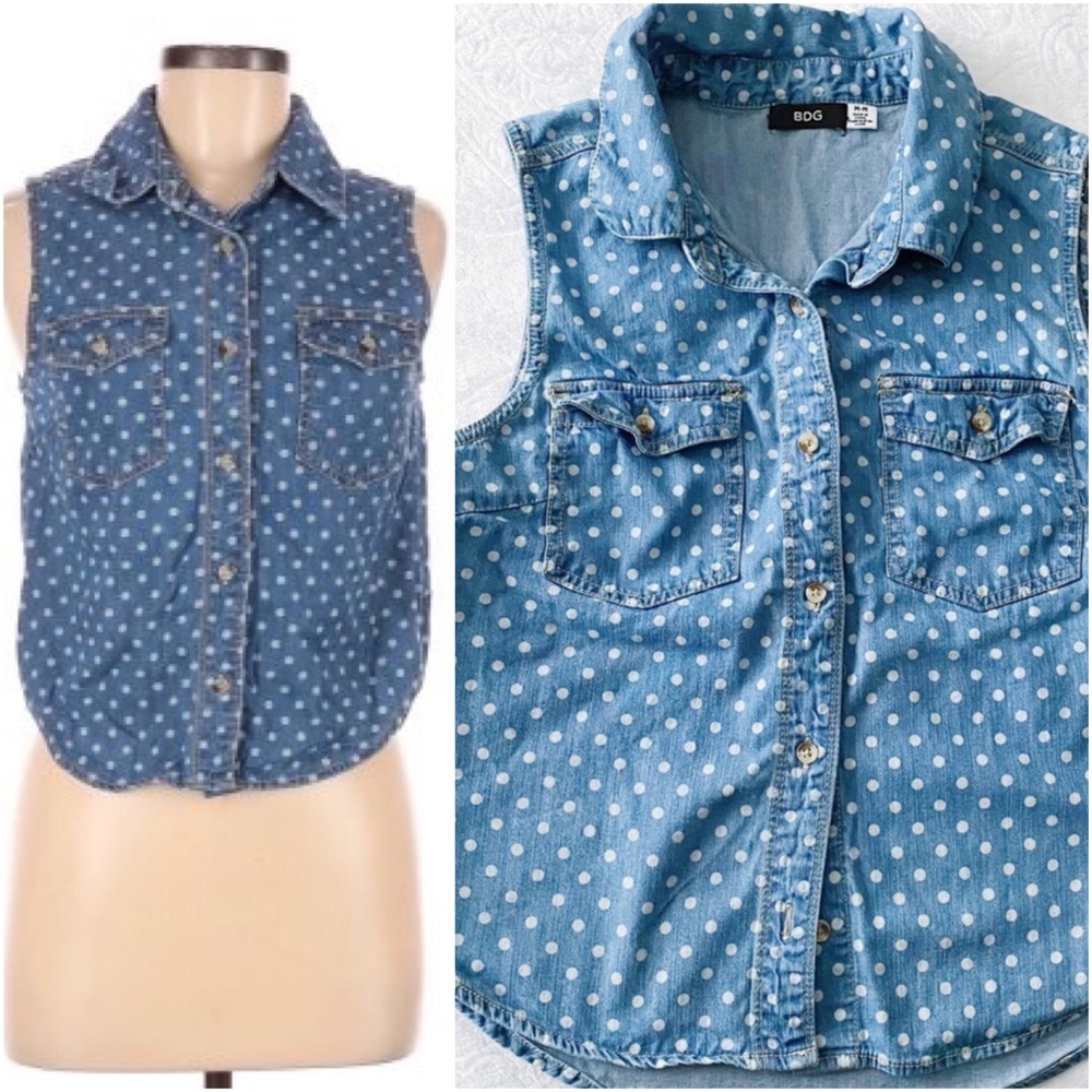 BDG • Sleeveless ButtonDown Chambray Polkadot Top